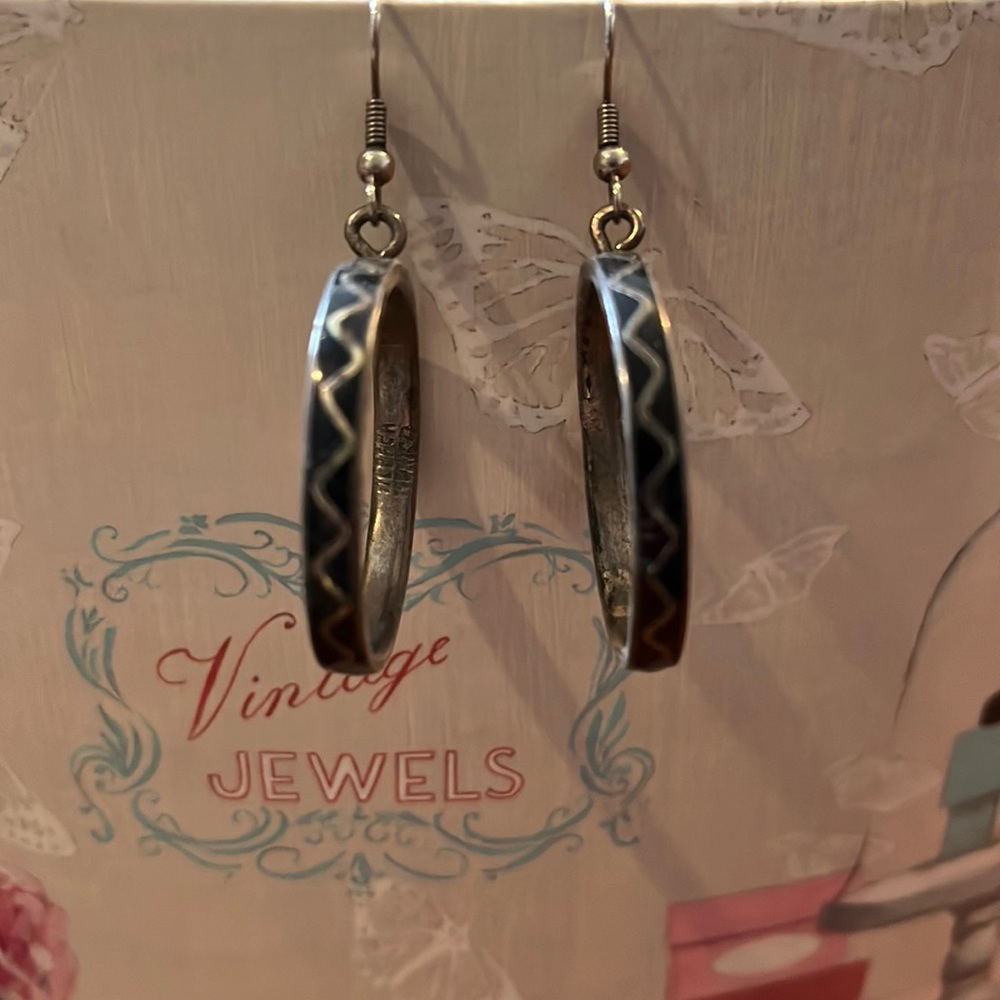 Silver and black hanging hoop earrings